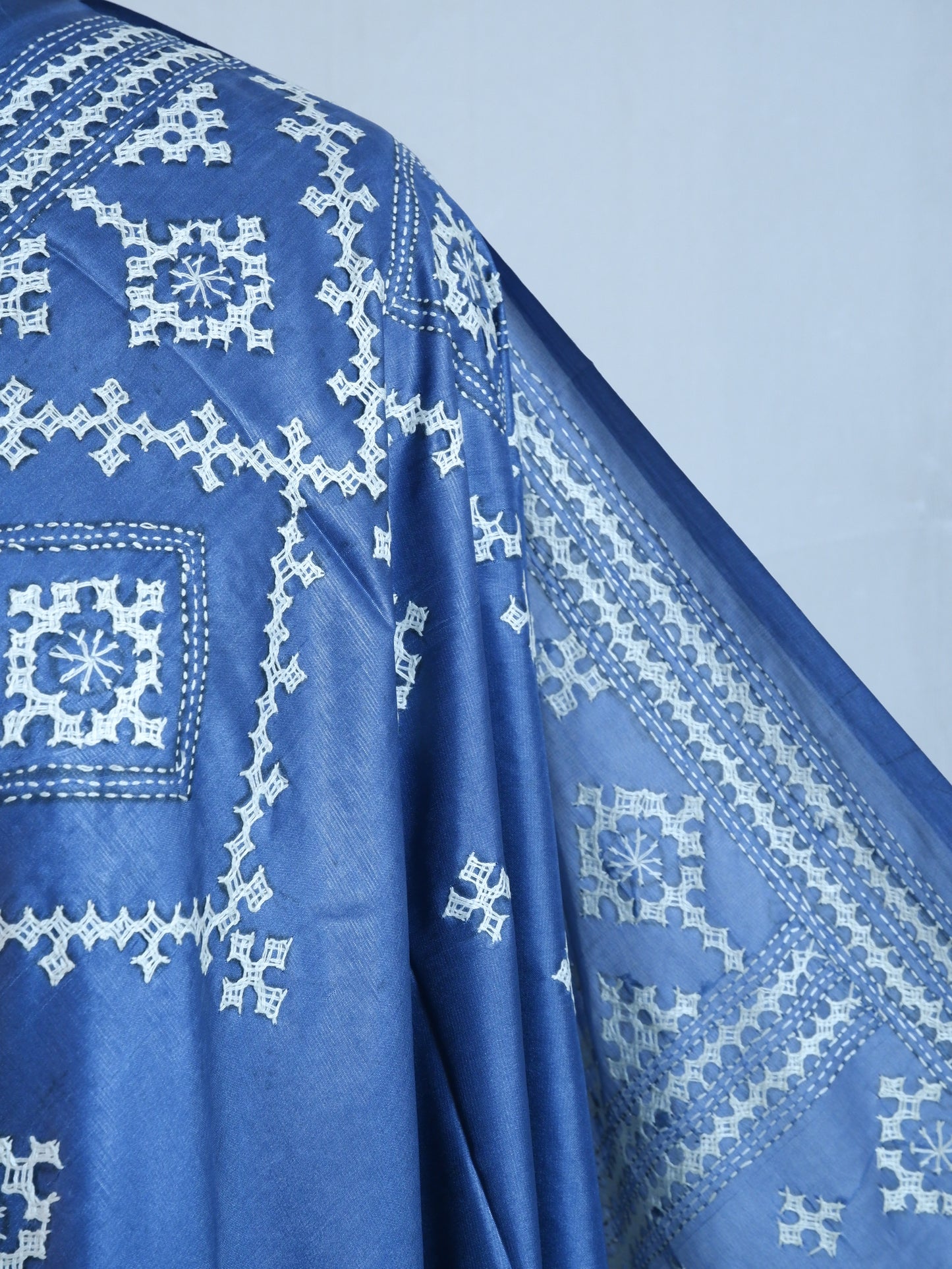 Kutchi/Gujarati Hand Embroidered Saree  | Blended Bangalore Silk / Art Silk | Blue Jay
