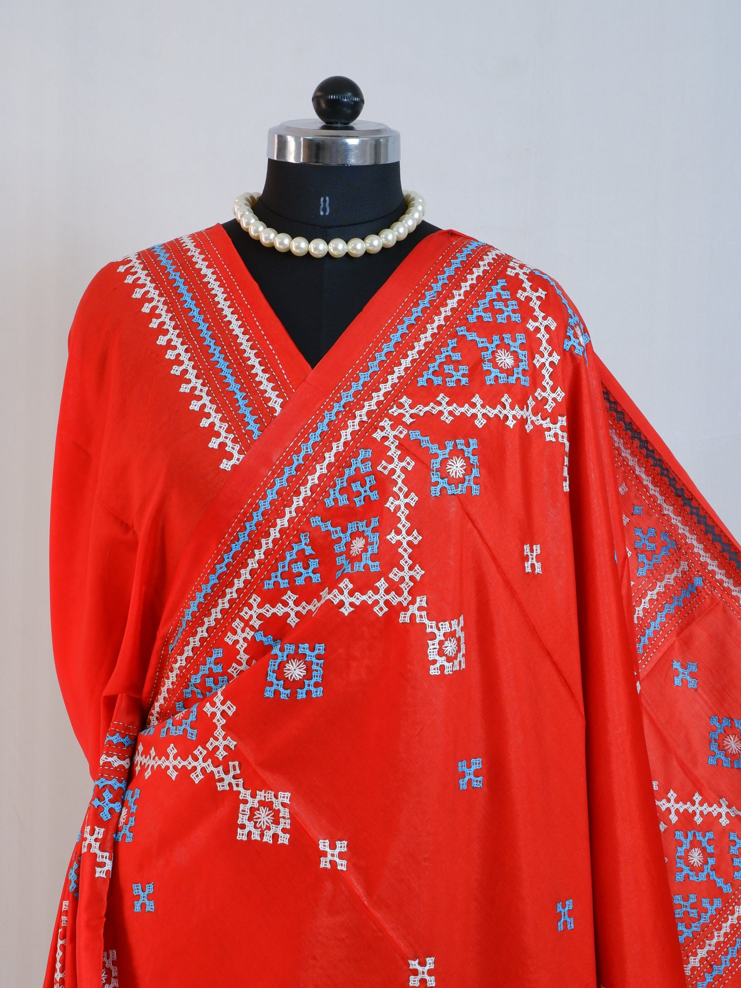 Kutchi/Gujarati Hand Embroidered Saree  | Blended Bangalore Silk / Art Silk | Red