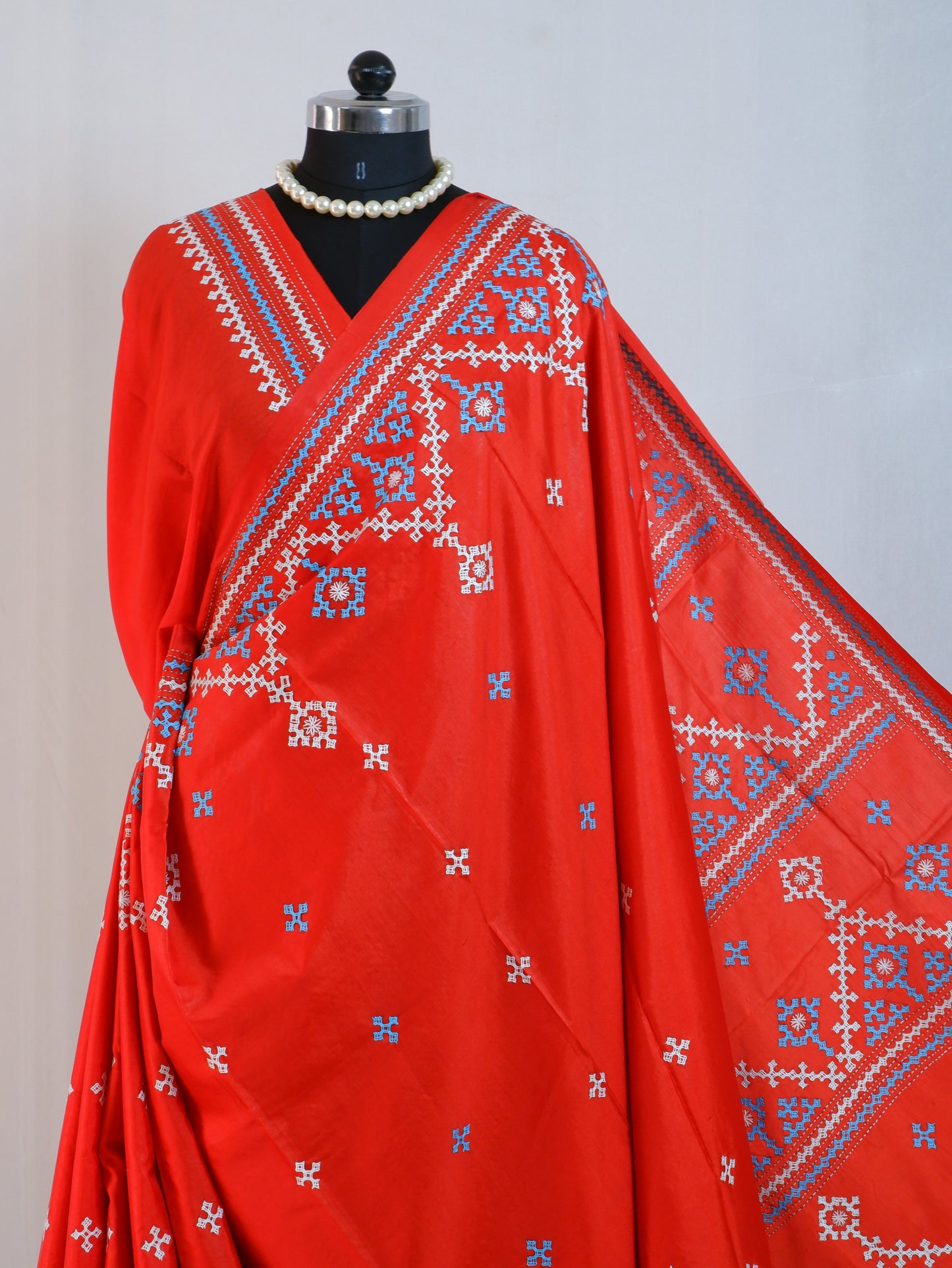 Kutchi/Gujarati Hand Embroidered Saree  | Blended Bangalore Silk / Art Silk | Red