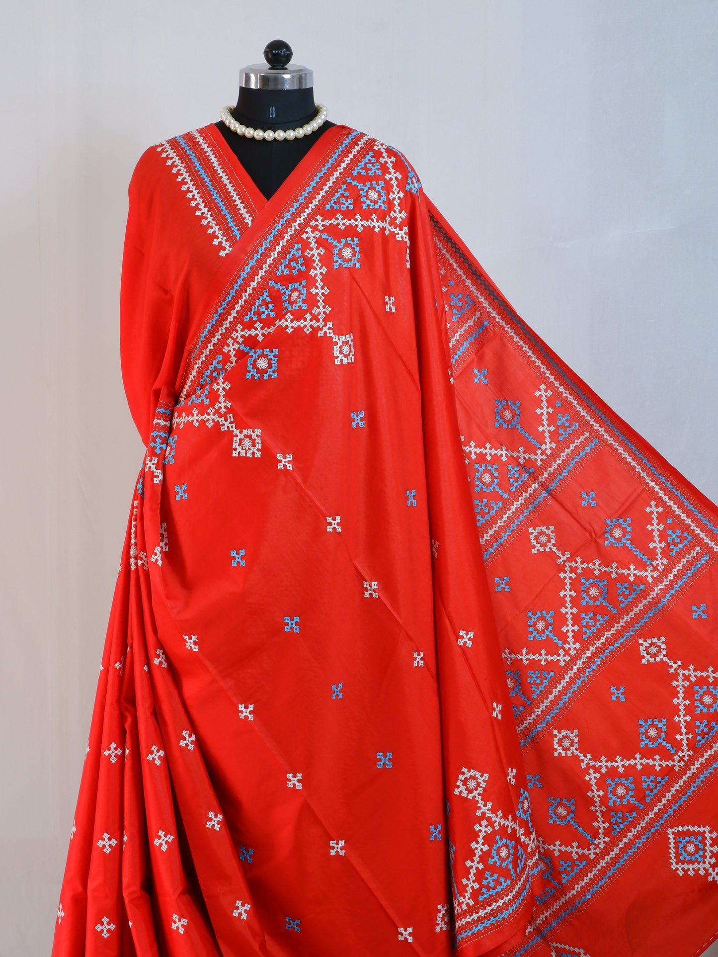 Kutchi/Gujarati Hand Embroidered Saree  | Blended Bangalore Silk / Art Silk | Red