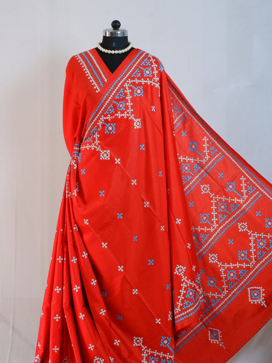 Kutchi/Gujarati Hand Embroidered Saree  | Blended Bangalore Silk / Art Silk | Red