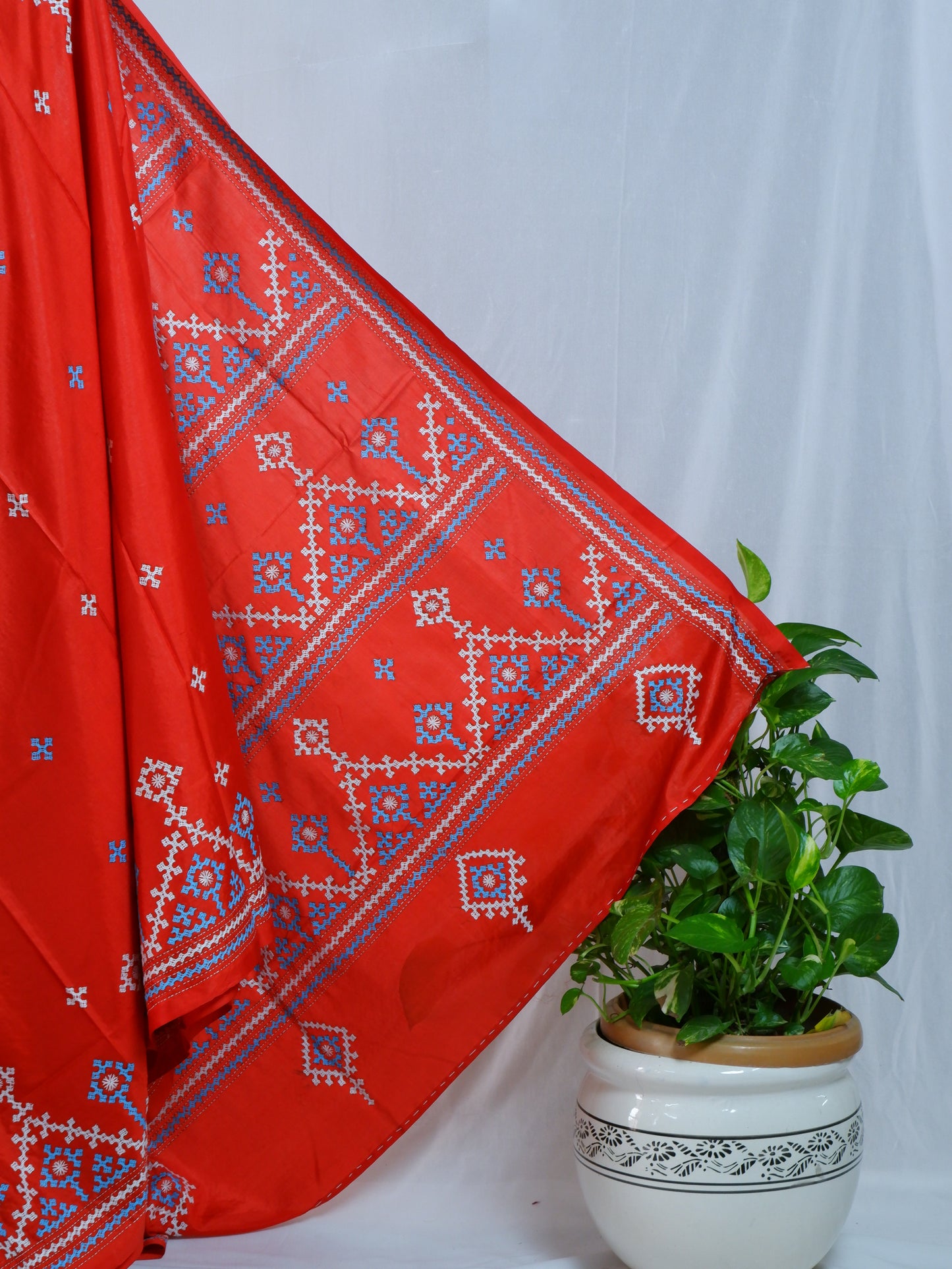 Kutchi/Gujarati Hand Embroidered Saree  | Blended Bangalore Silk / Art Silk | Red