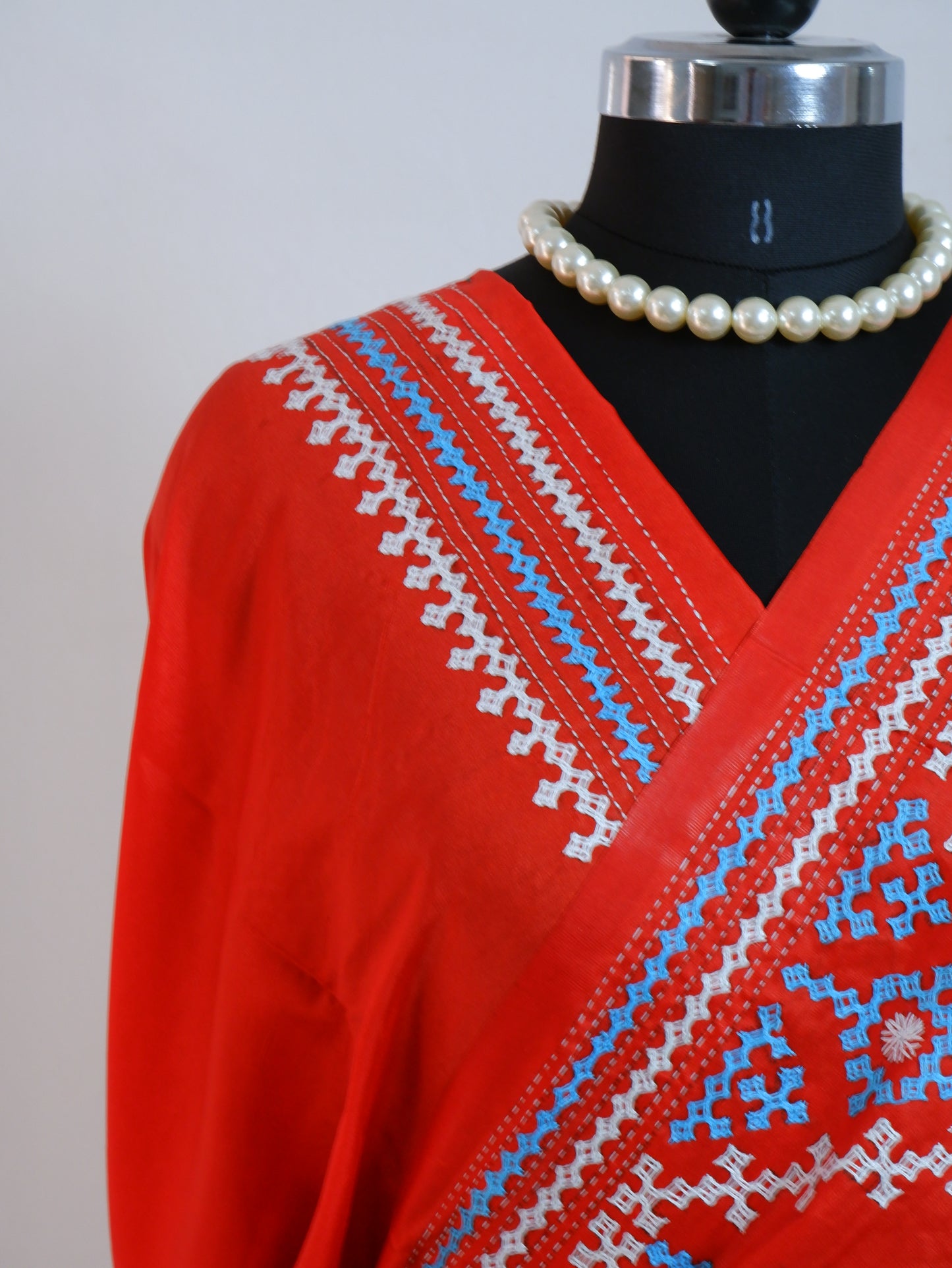Kutchi/Gujarati Hand Embroidered Saree  | Blended Bangalore Silk / Art Silk | Red