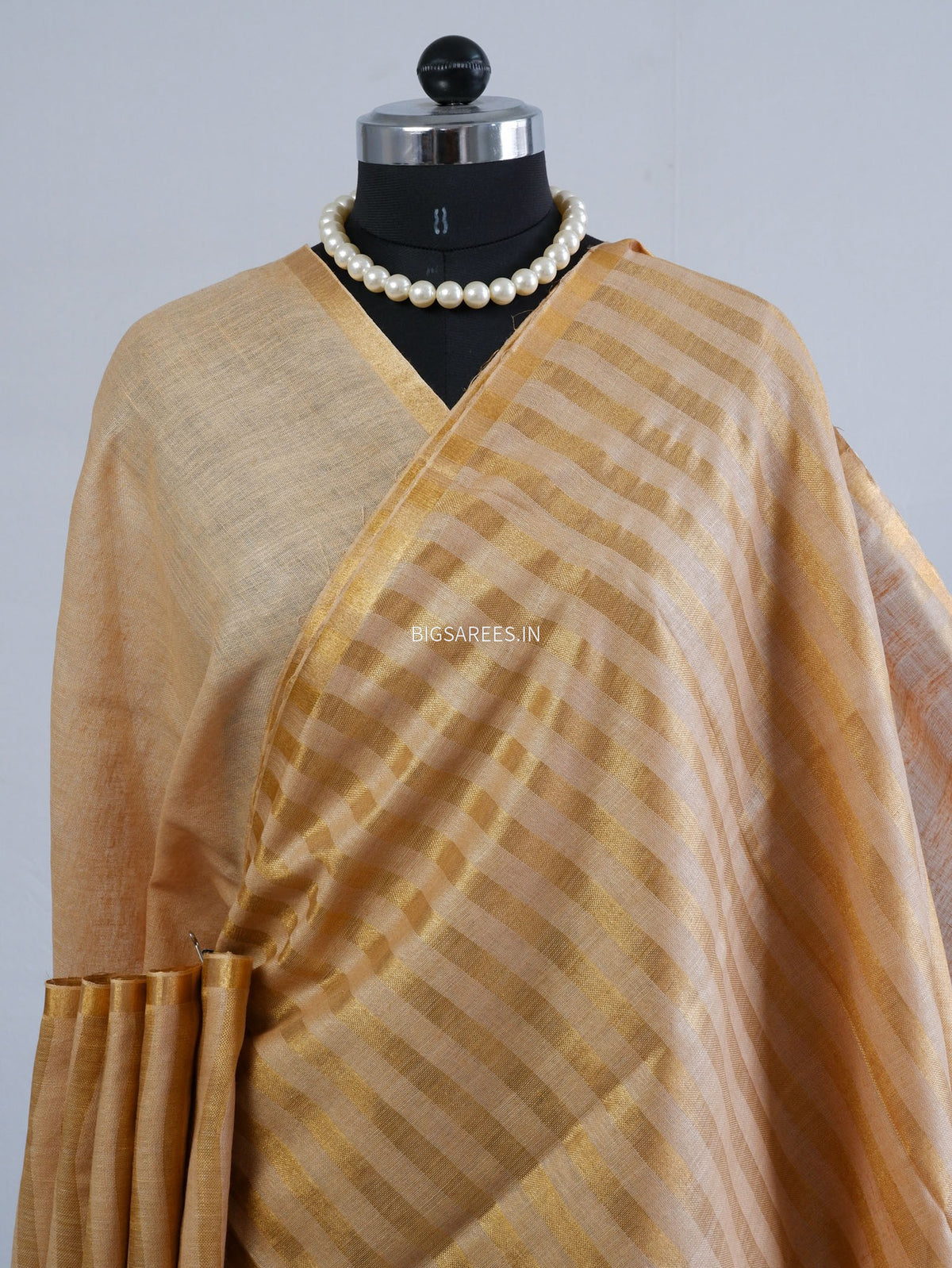 D Linen Saree with Blouse | Golden - Beige