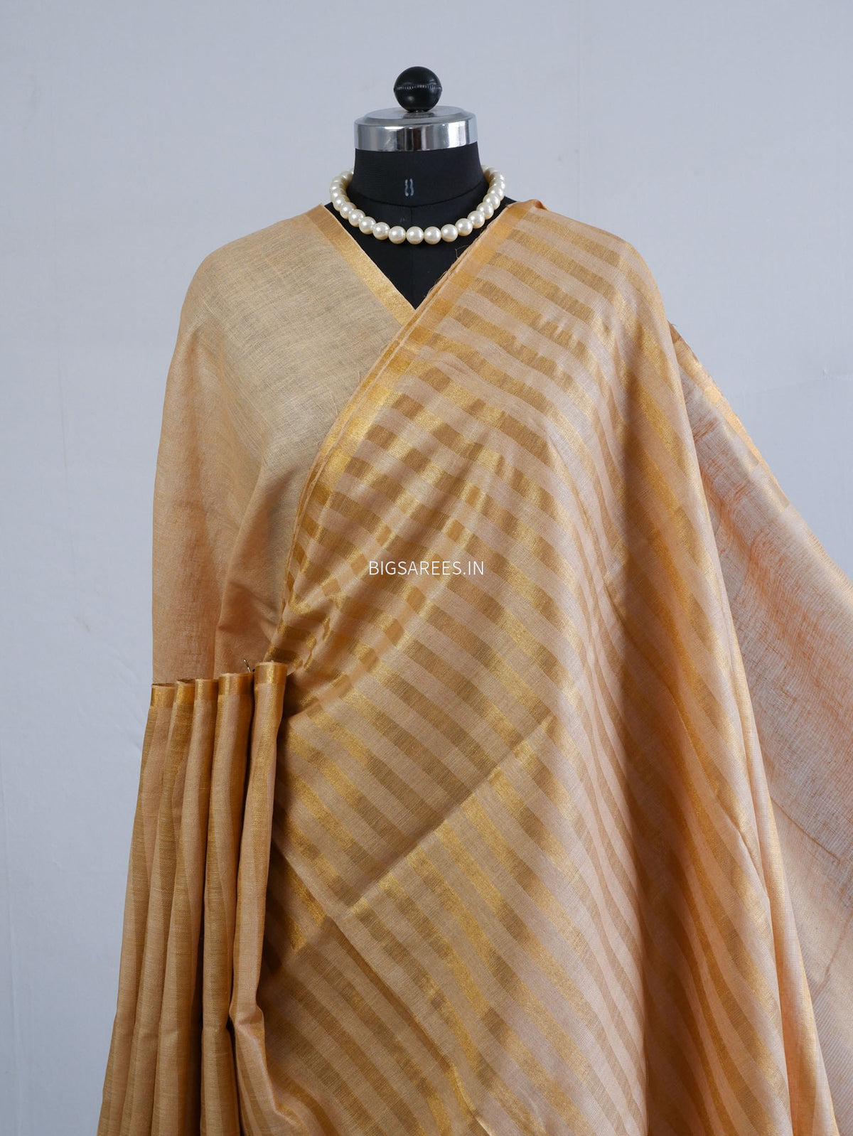 D Linen Saree with Blouse | Golden - Beige