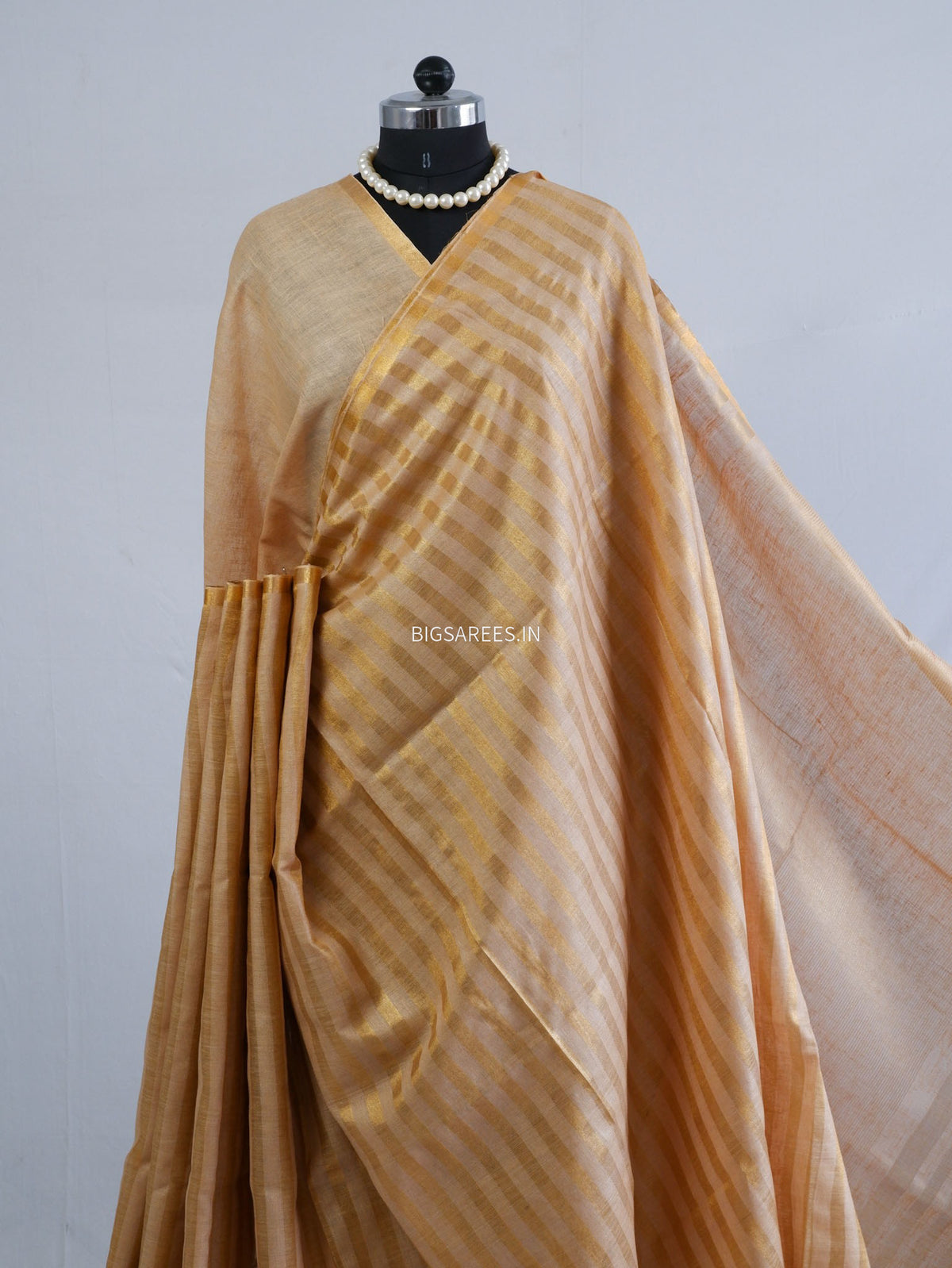 D Linen Saree with Blouse | Golden - Beige