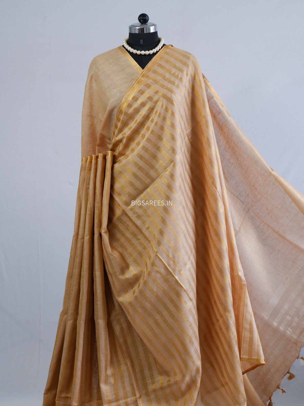 D Linen Saree with Blouse | Golden - Beige