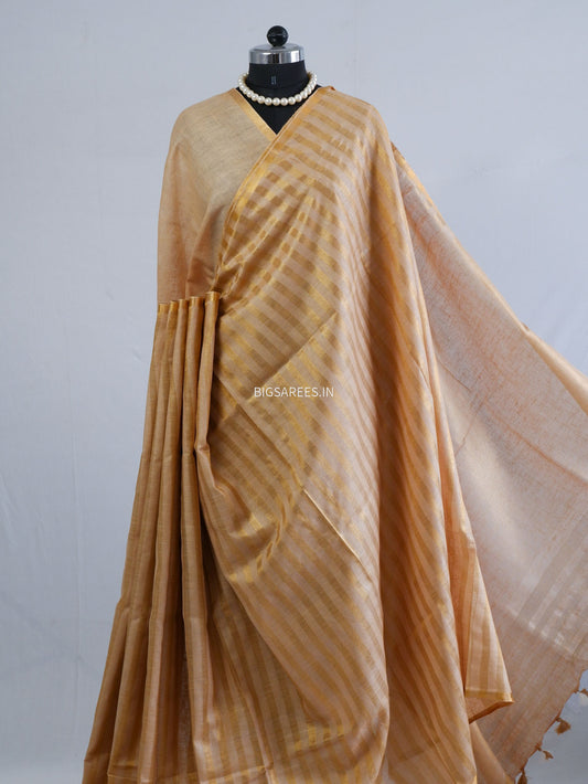D Linen Saree with Blouse | Golden - Beige