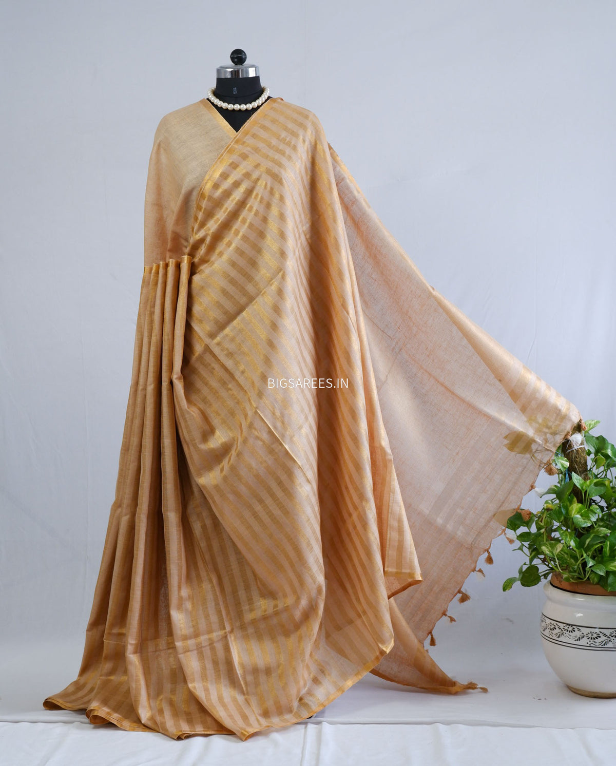 D Linen Saree with Blouse | Golden - Beige