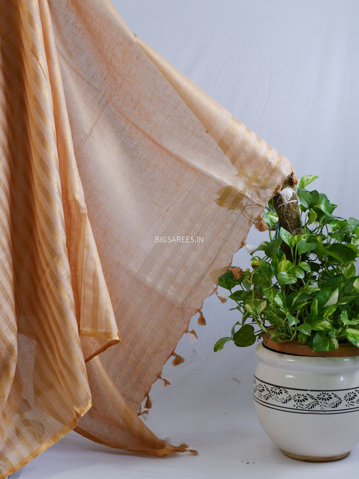 D Linen Saree with Blouse | Golden - Beige