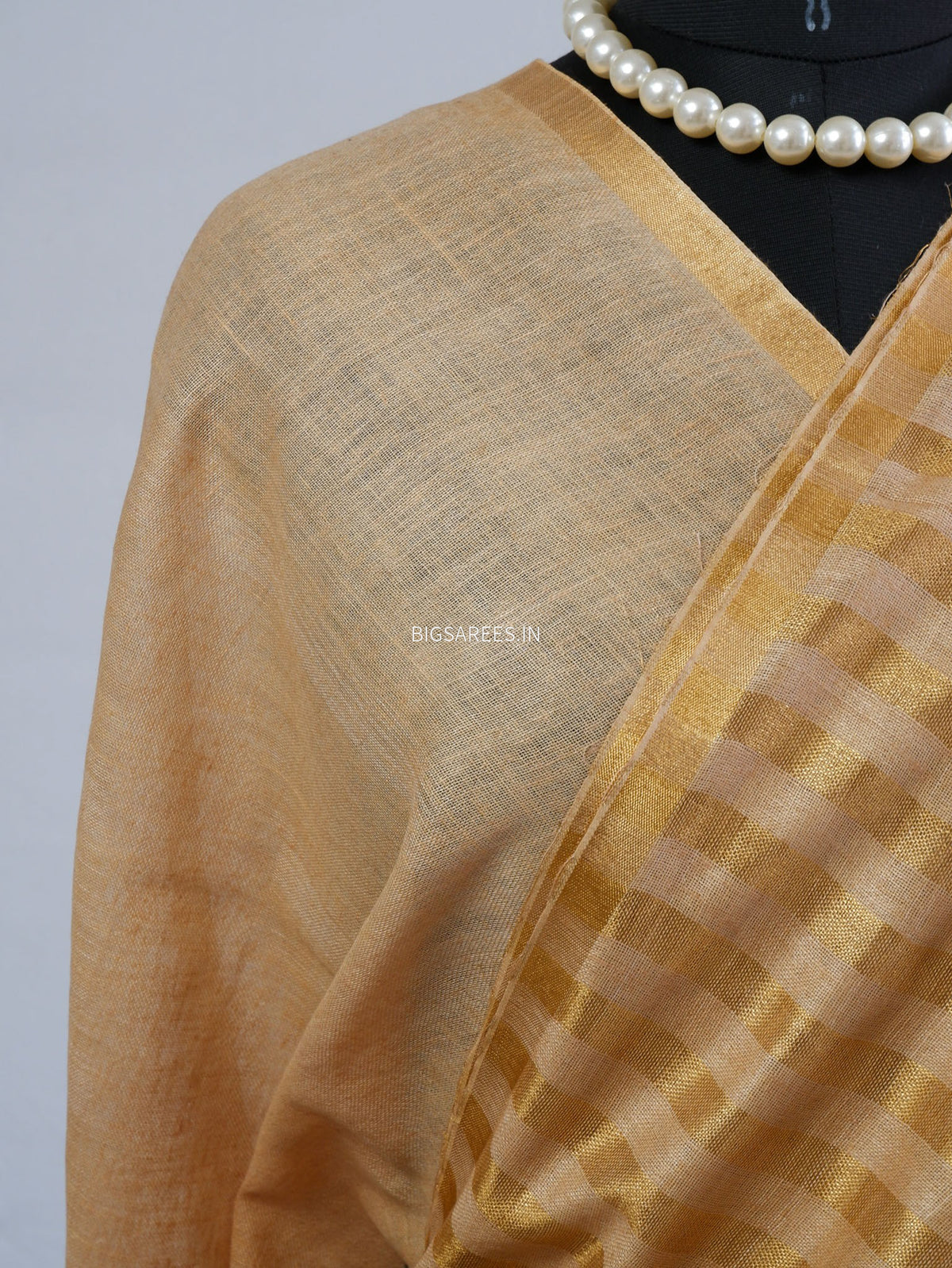 D Linen Saree with Blouse | Golden - Beige