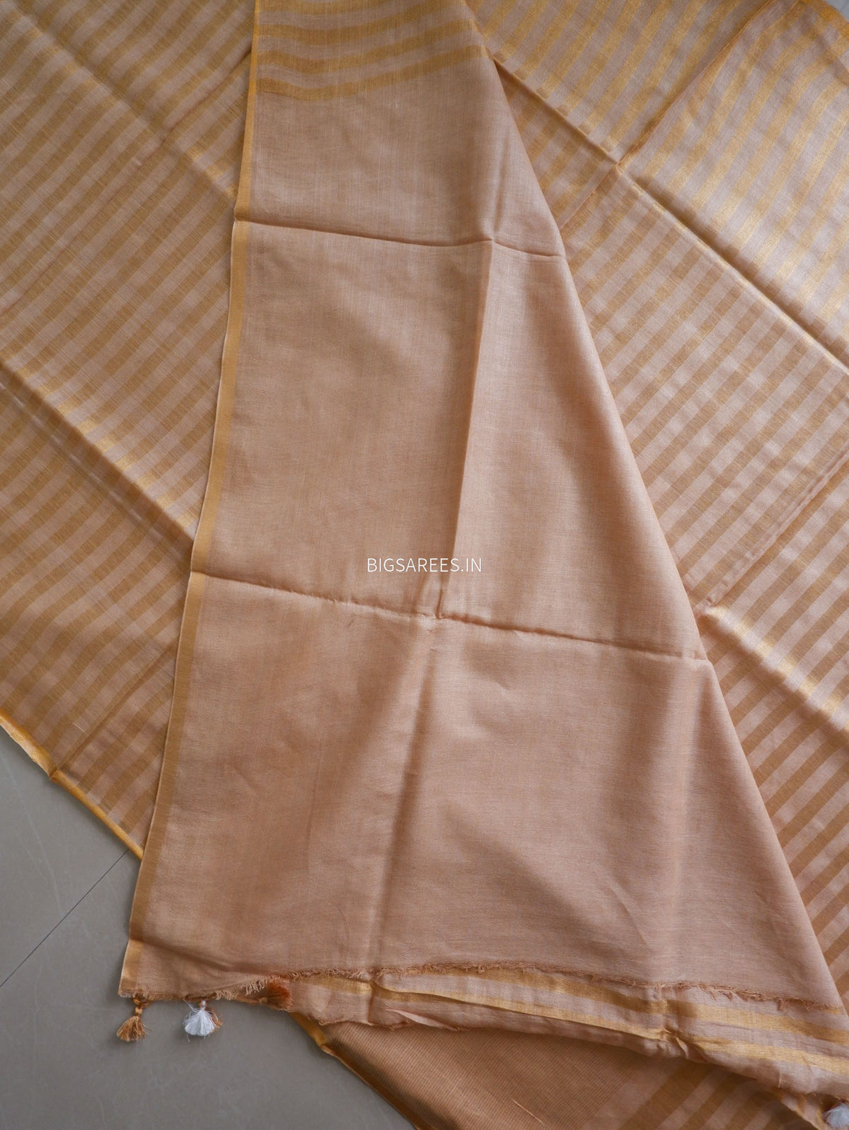 D Linen Saree with Blouse | Golden - Beige