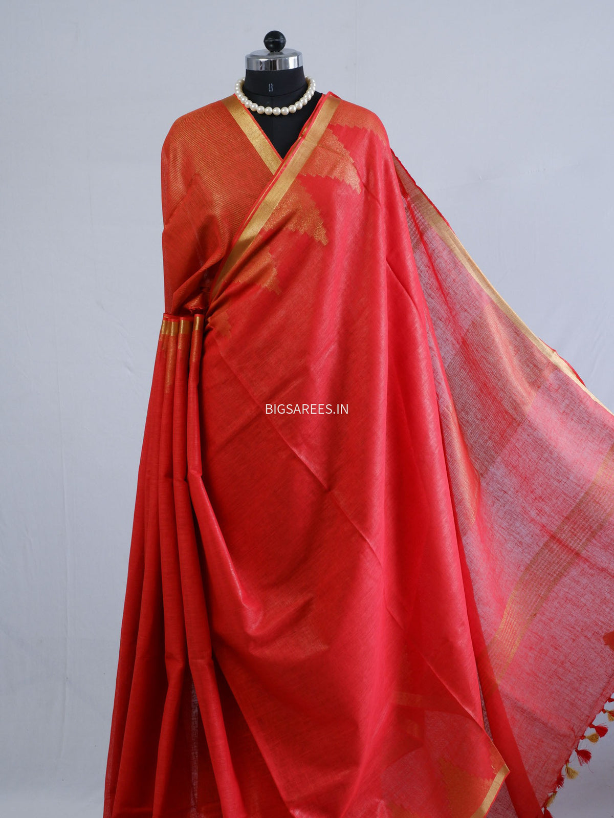 D Linen Saree with Blouse | Red