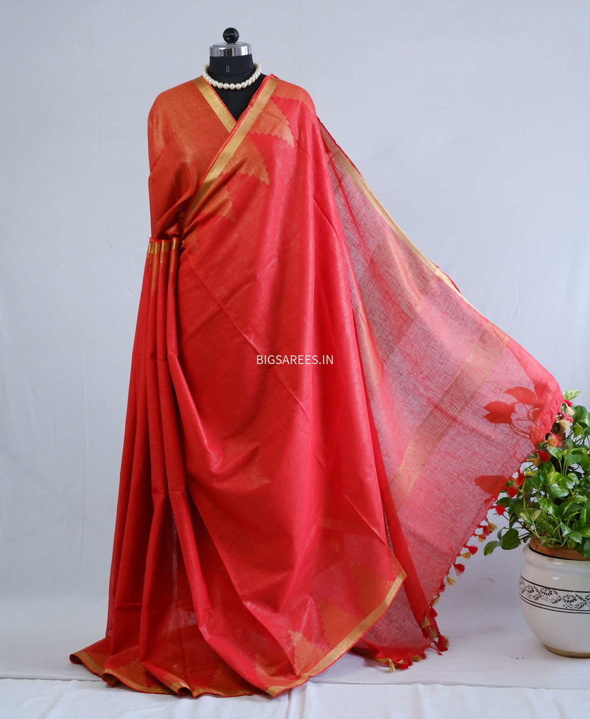 D Linen Saree with Blouse | Red