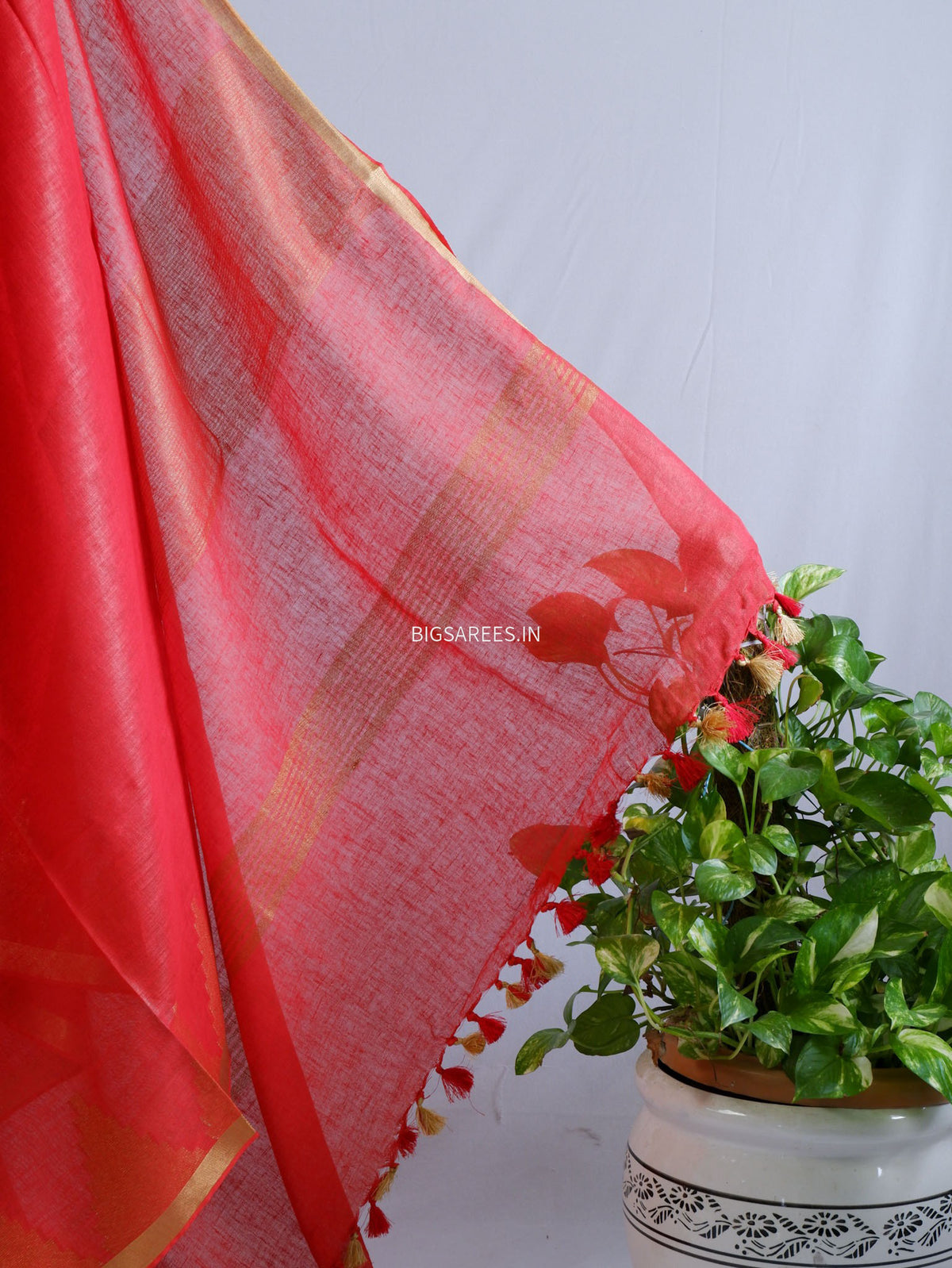 D Linen Saree with Blouse | Red
