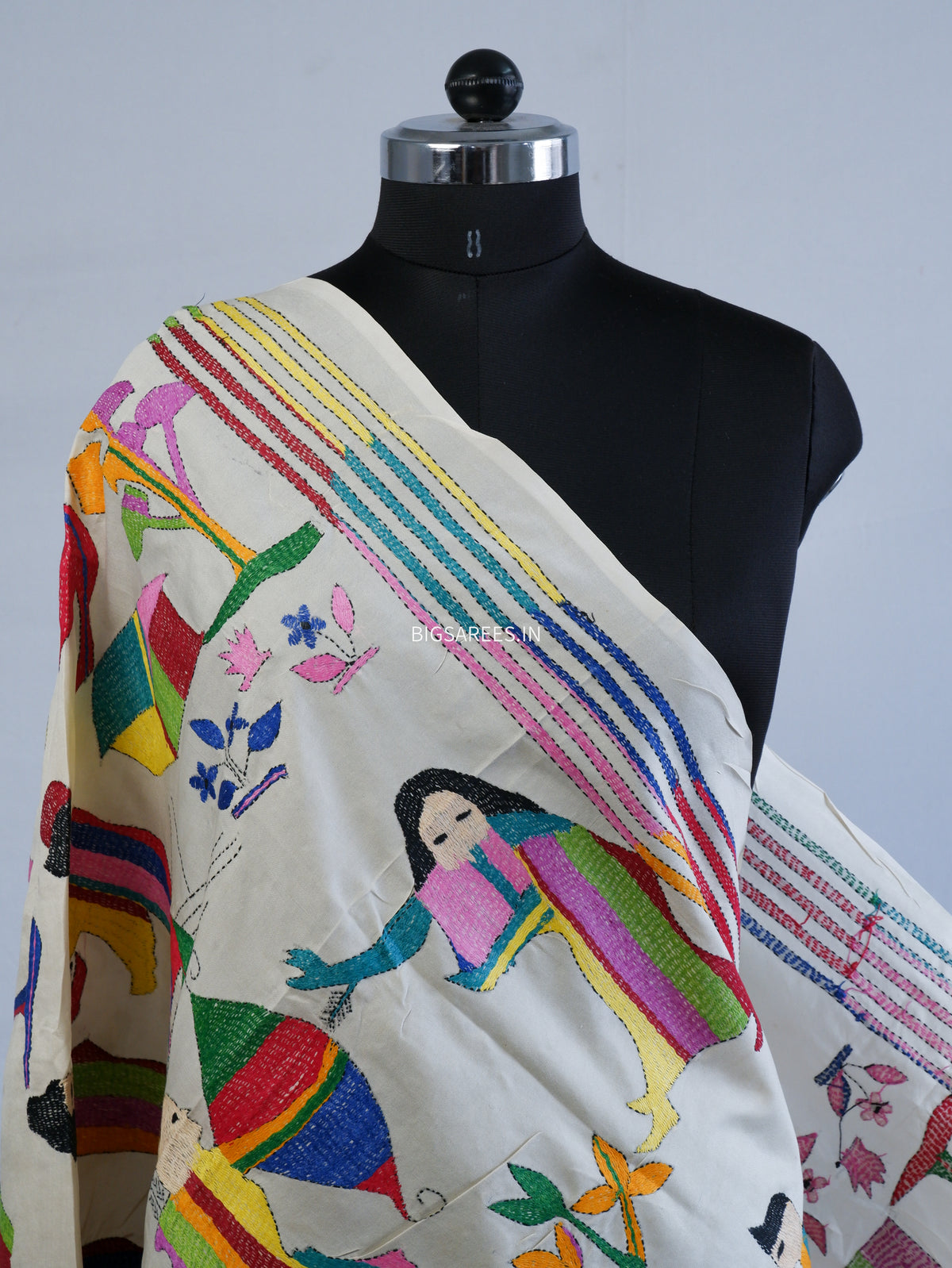 Kantha Hand-Embroidered Dupatta | Semi Tussar Silk | Full Work | Off-White