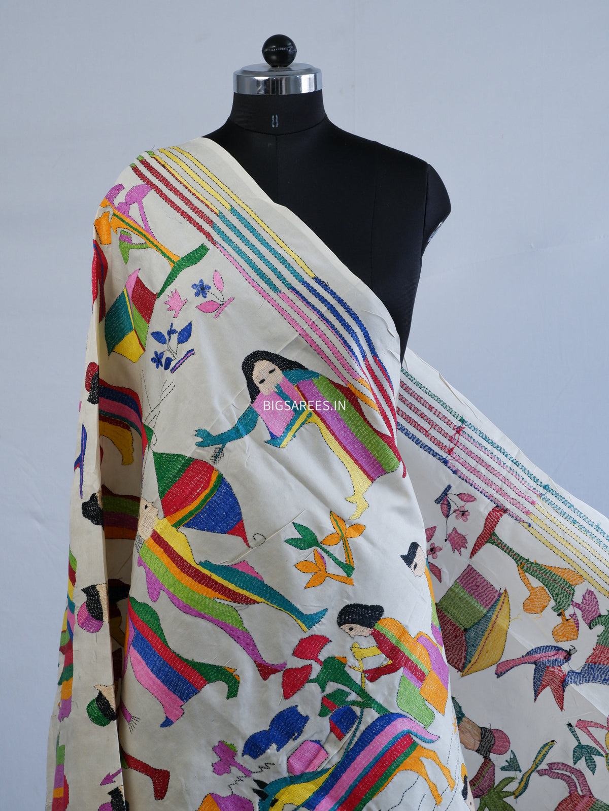 Kantha Hand-Embroidered Dupatta | Semi Tussar Silk | Full Work | Off-White