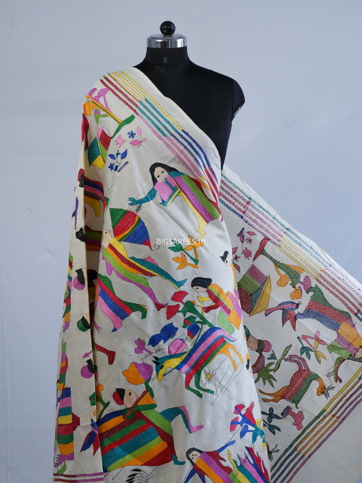 Kantha Hand-Embroidered Dupatta | Semi Tussar Silk | Full Work | Off-White