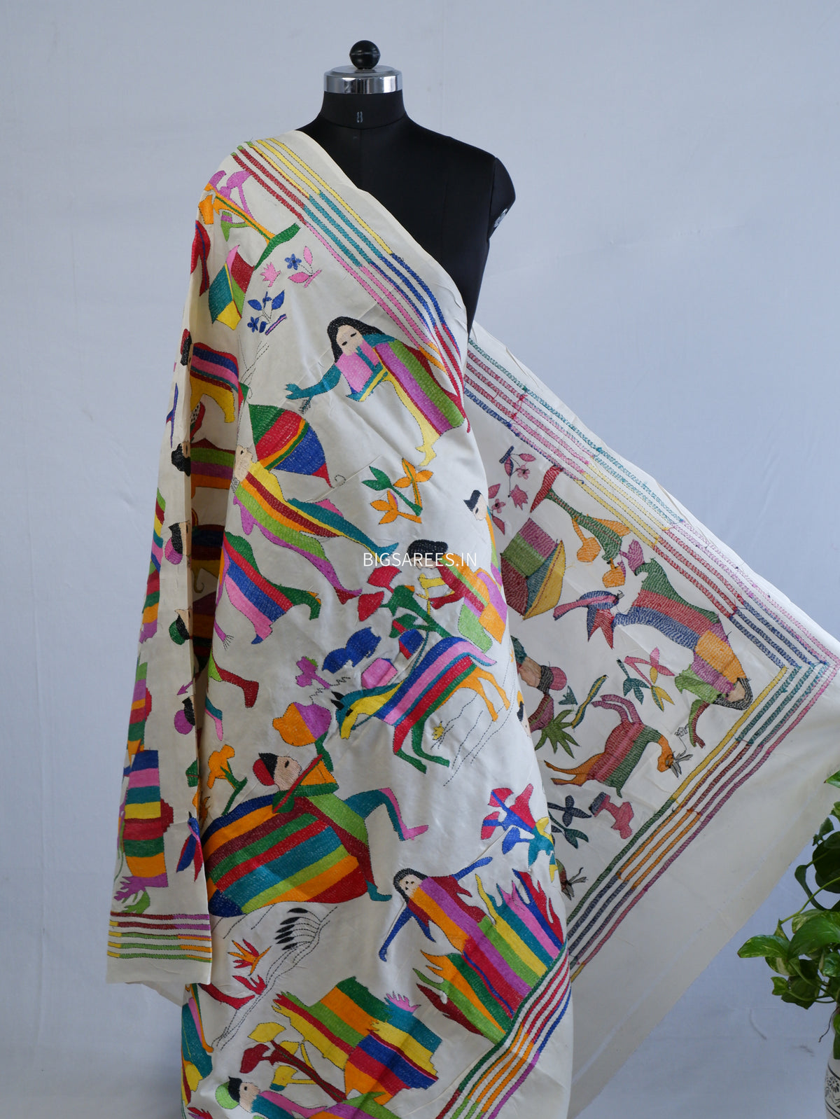 Kantha Hand-Embroidered Dupatta | Semi Tussar Silk | Full Work | Off-White
