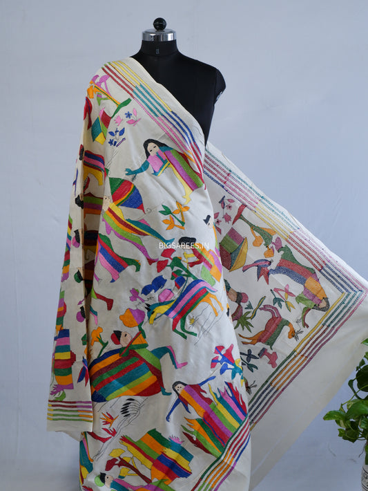 Kantha Hand-Embroidered Dupatta | Semi Tussar Silk | Full Work | Off-White