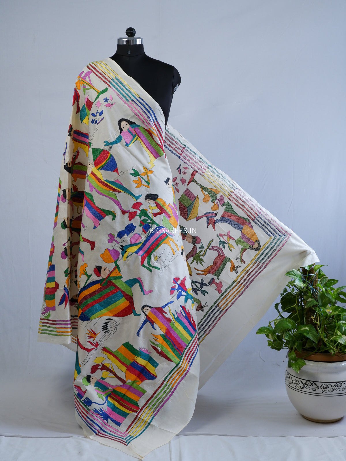 Kantha Hand-Embroidered Dupatta | Semi Tussar Silk | Full Work | Off-White