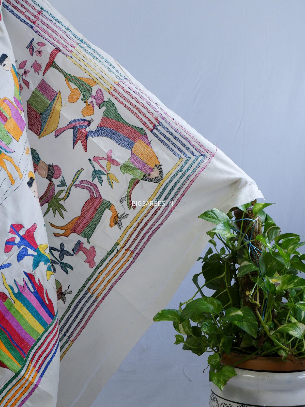 Kantha Hand-Embroidered Dupatta | Semi Tussar Silk | Full Work | Off-White