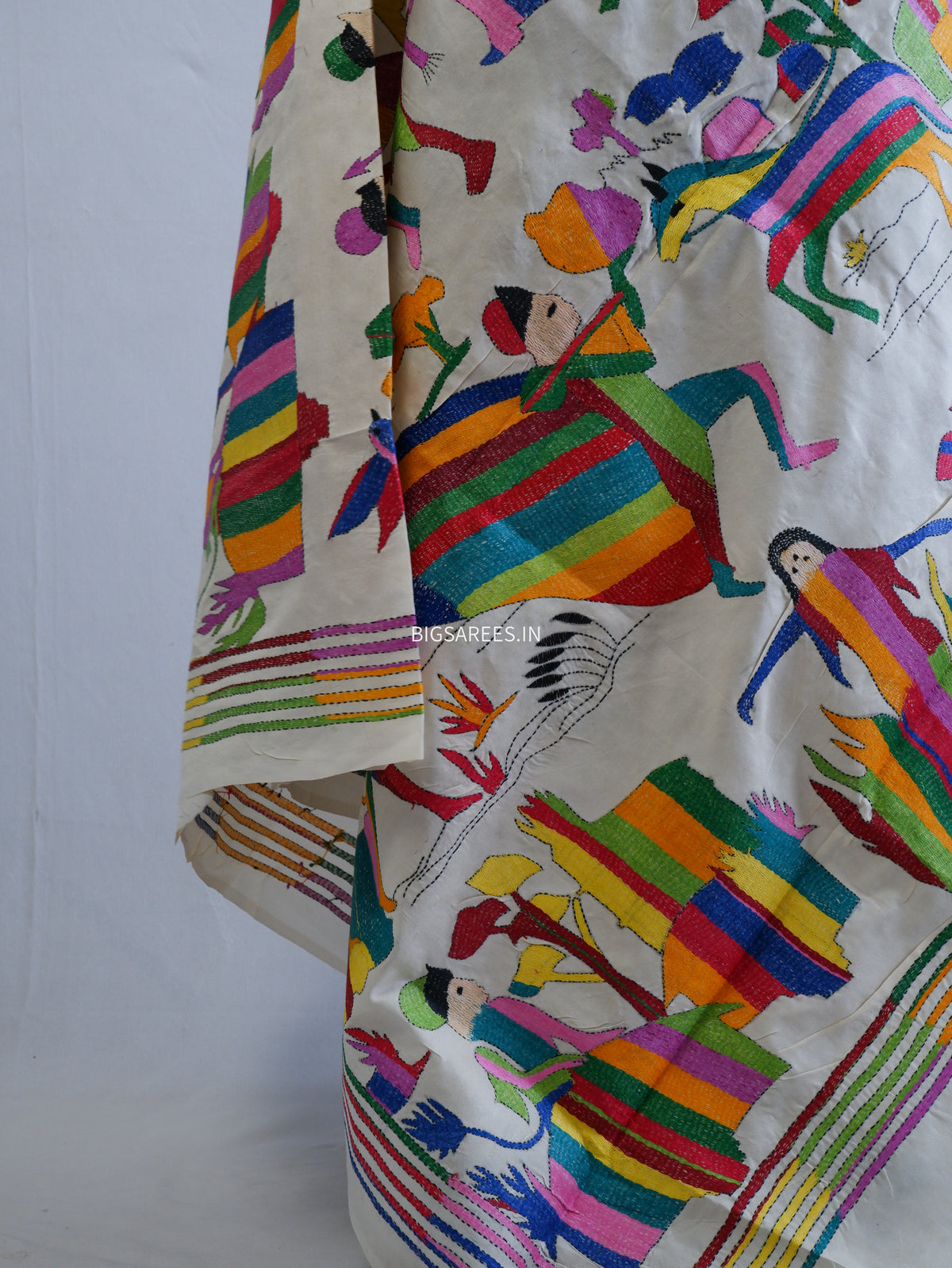 Kantha Hand-Embroidered Dupatta | Semi Tussar Silk | Full Work | Off-White