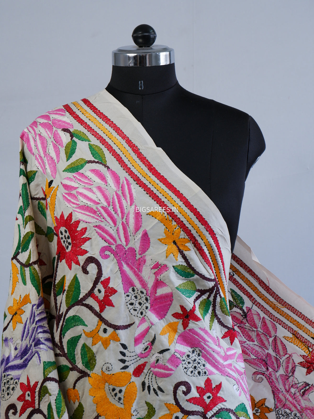 Kantha Hand-Embroidered Dupatta | Semi Tussar Silk | Full Work | Off-White