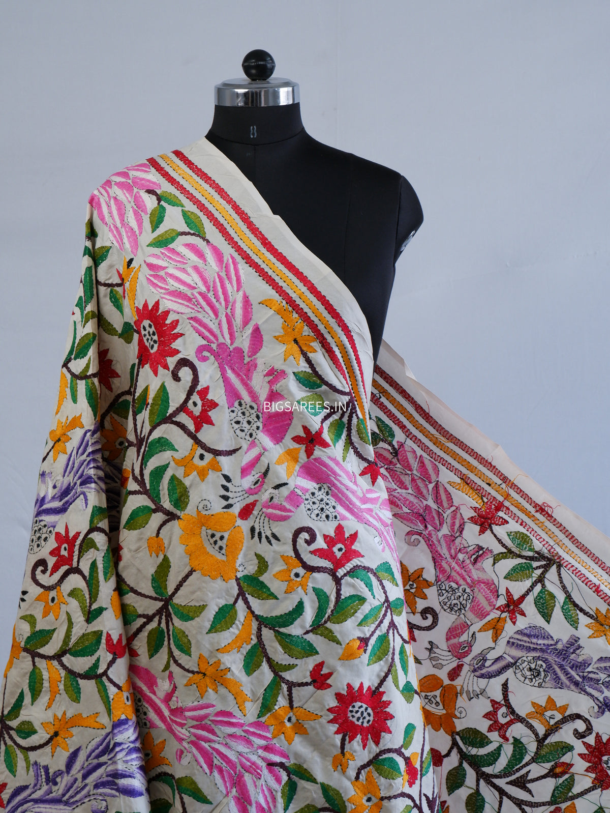 Kantha Hand-Embroidered Dupatta | Semi Tussar Silk | Full Work | Off-White