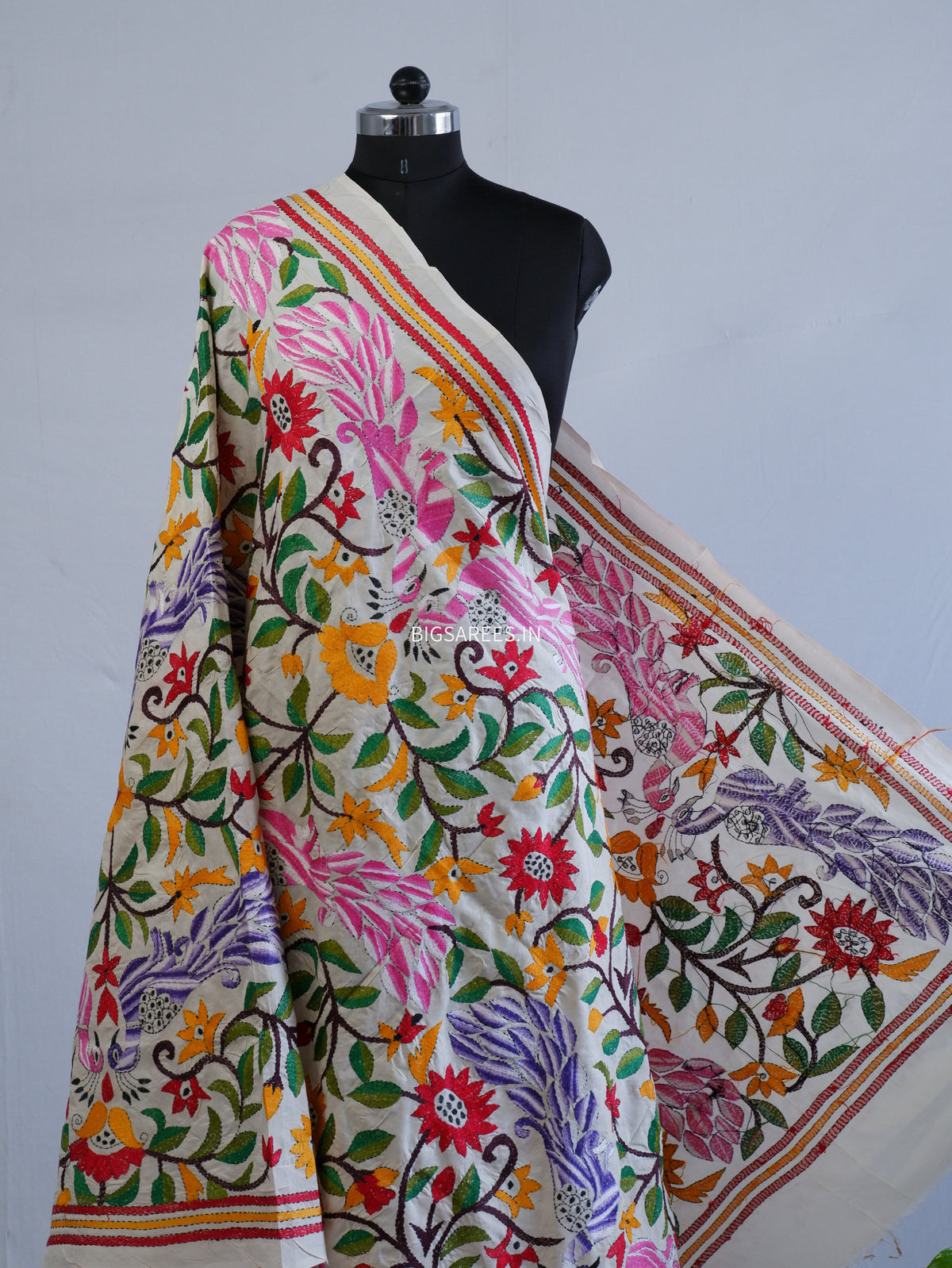 Kantha Hand-Embroidered Dupatta | Semi Tussar Silk | Full Work | Off-White