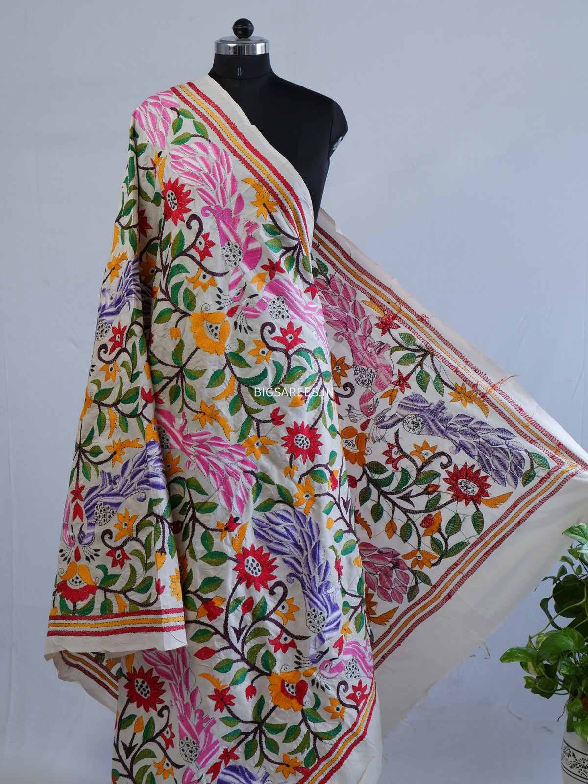 Kantha Hand-Embroidered Dupatta | Semi Tussar Silk | Full Work | Off-White