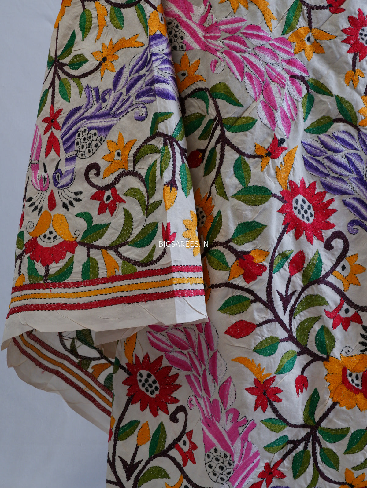 Kantha Hand-Embroidered Dupatta | Semi Tussar Silk | Full Work | Off-White