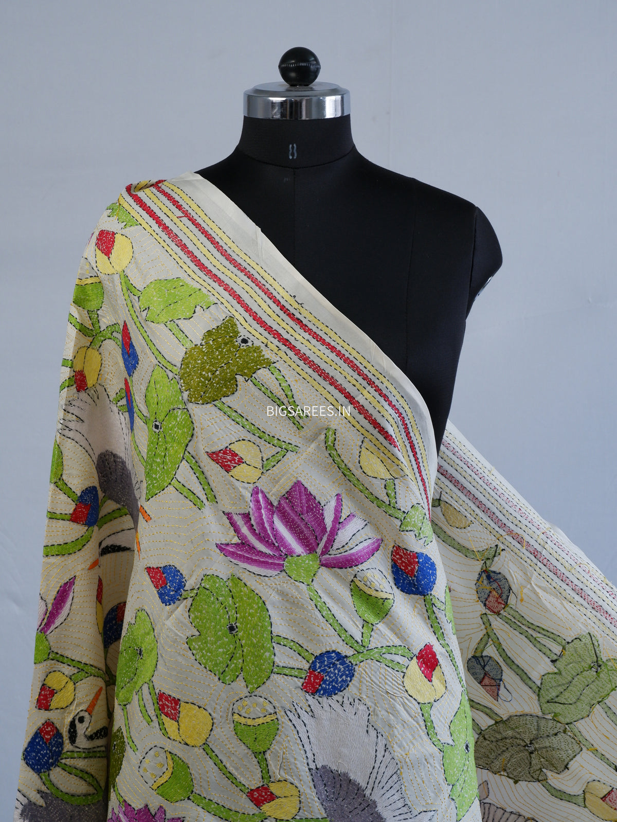 Kantha Hand-Embroidered Dupatta | Semi Tussar Silk | Full Work | Off-White