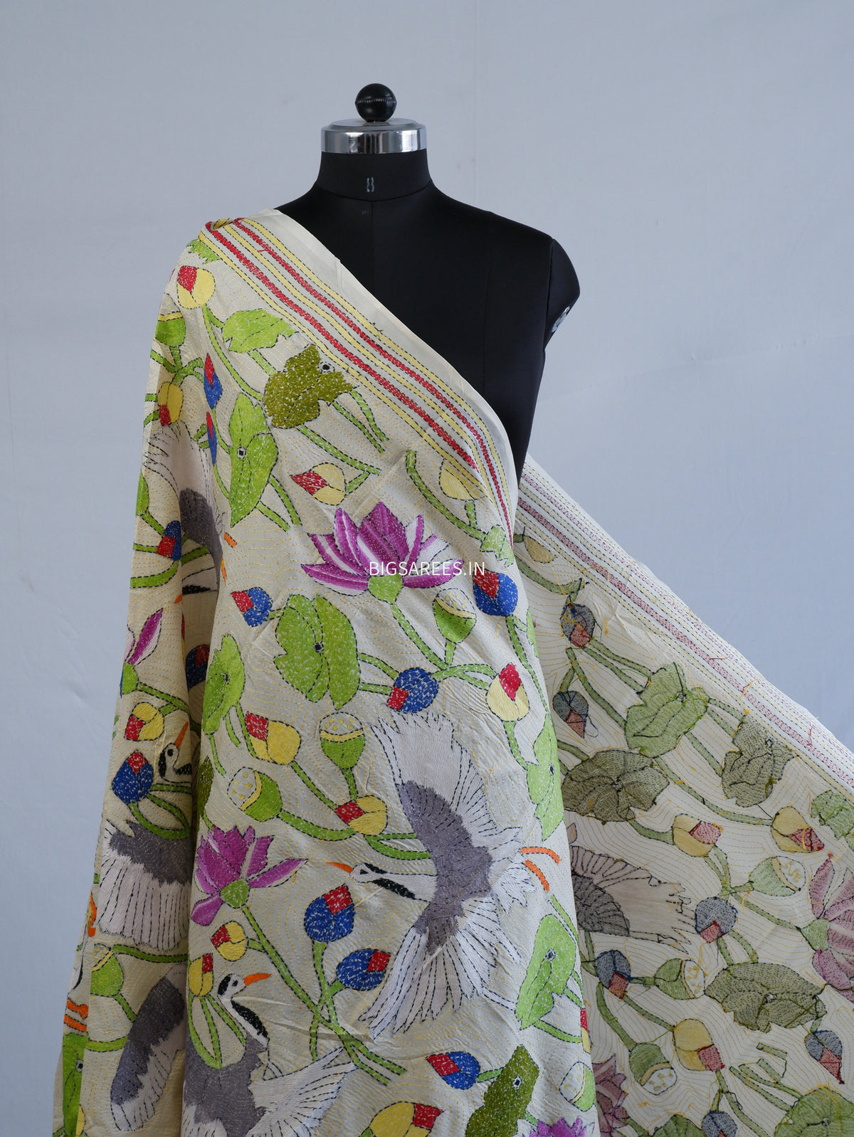 Kantha Hand-Embroidered Dupatta | Semi Tussar Silk | Full Work | Off-White
