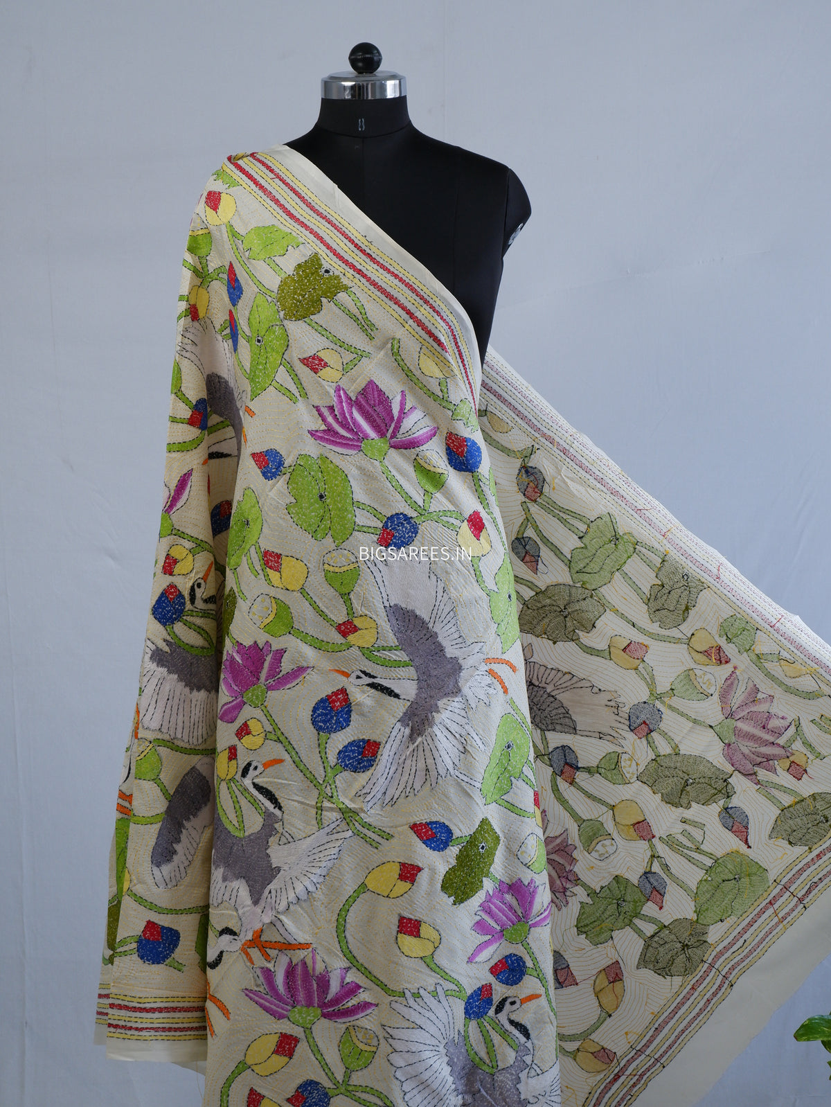 Kantha Hand-Embroidered Dupatta | Semi Tussar Silk | Full Work | Off-White