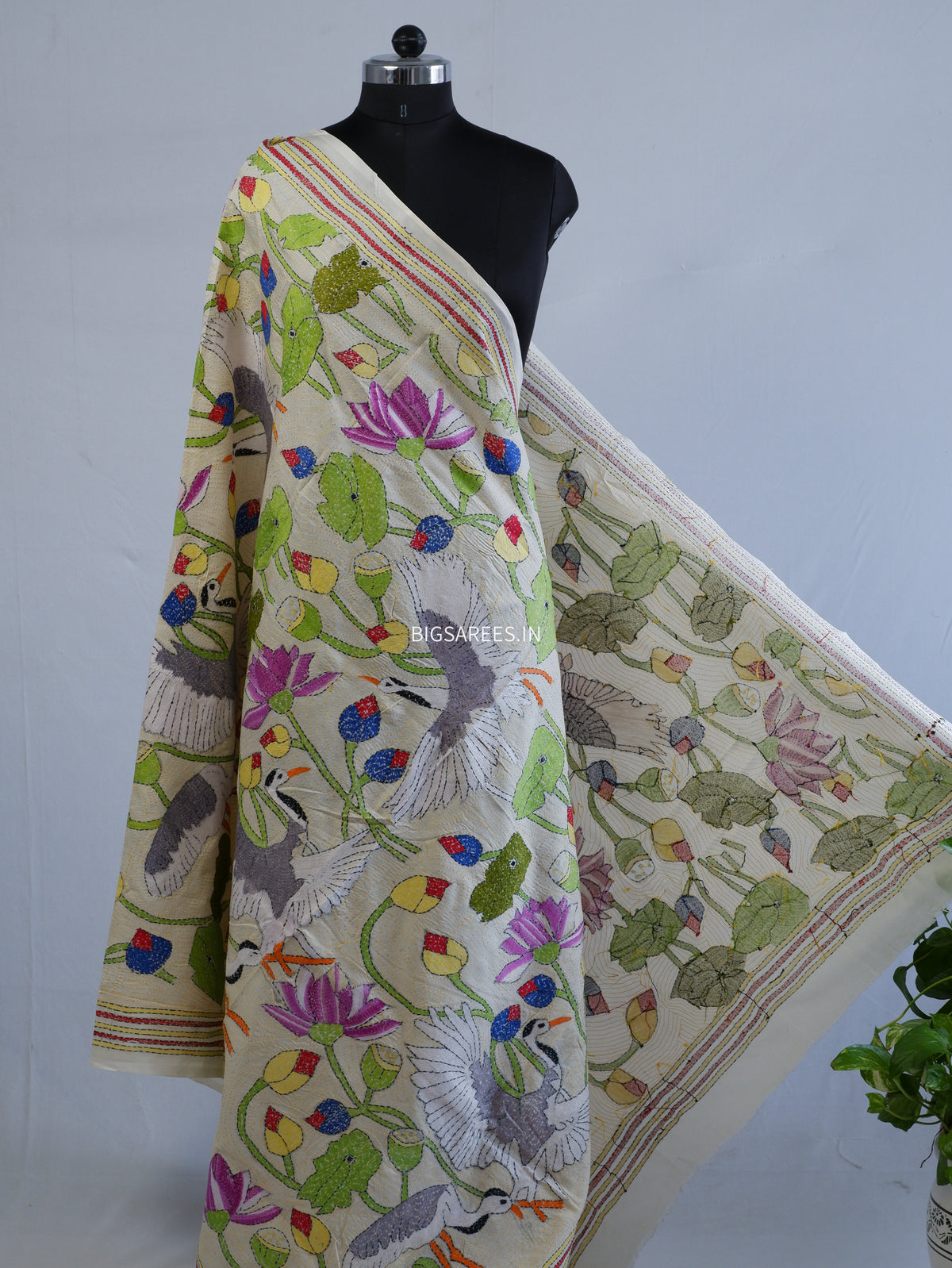 Kantha Hand-Embroidered Dupatta | Semi Tussar Silk | Full Work | Off-White