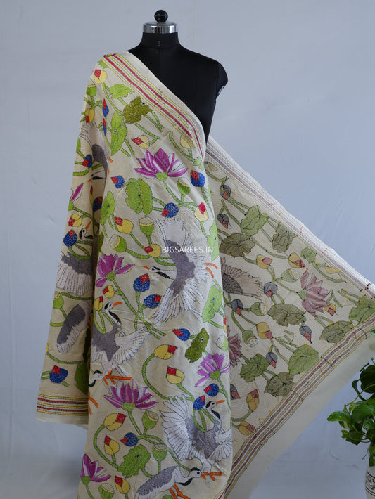 Kantha Hand-Embroidered Dupatta | Semi Tussar Silk | Full Work | Off-White