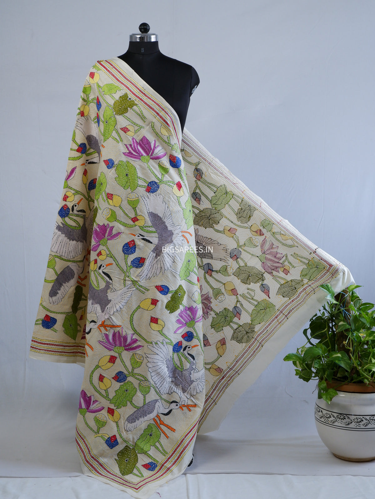 Kantha Hand-Embroidered Dupatta | Semi Tussar Silk | Full Work | Off-White