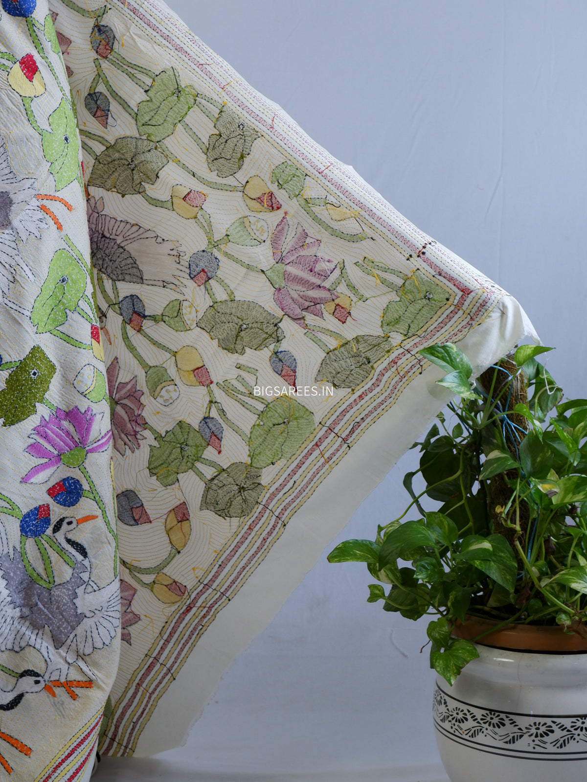 Kantha Hand-Embroidered Dupatta | Semi Tussar Silk | Full Work | Off-White