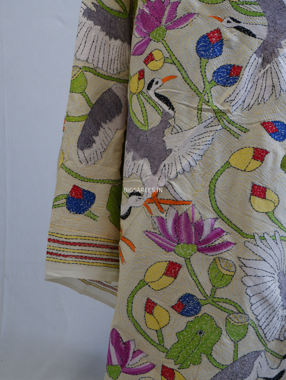 Kantha Hand-Embroidered Dupatta | Semi Tussar Silk | Full Work | Off-White