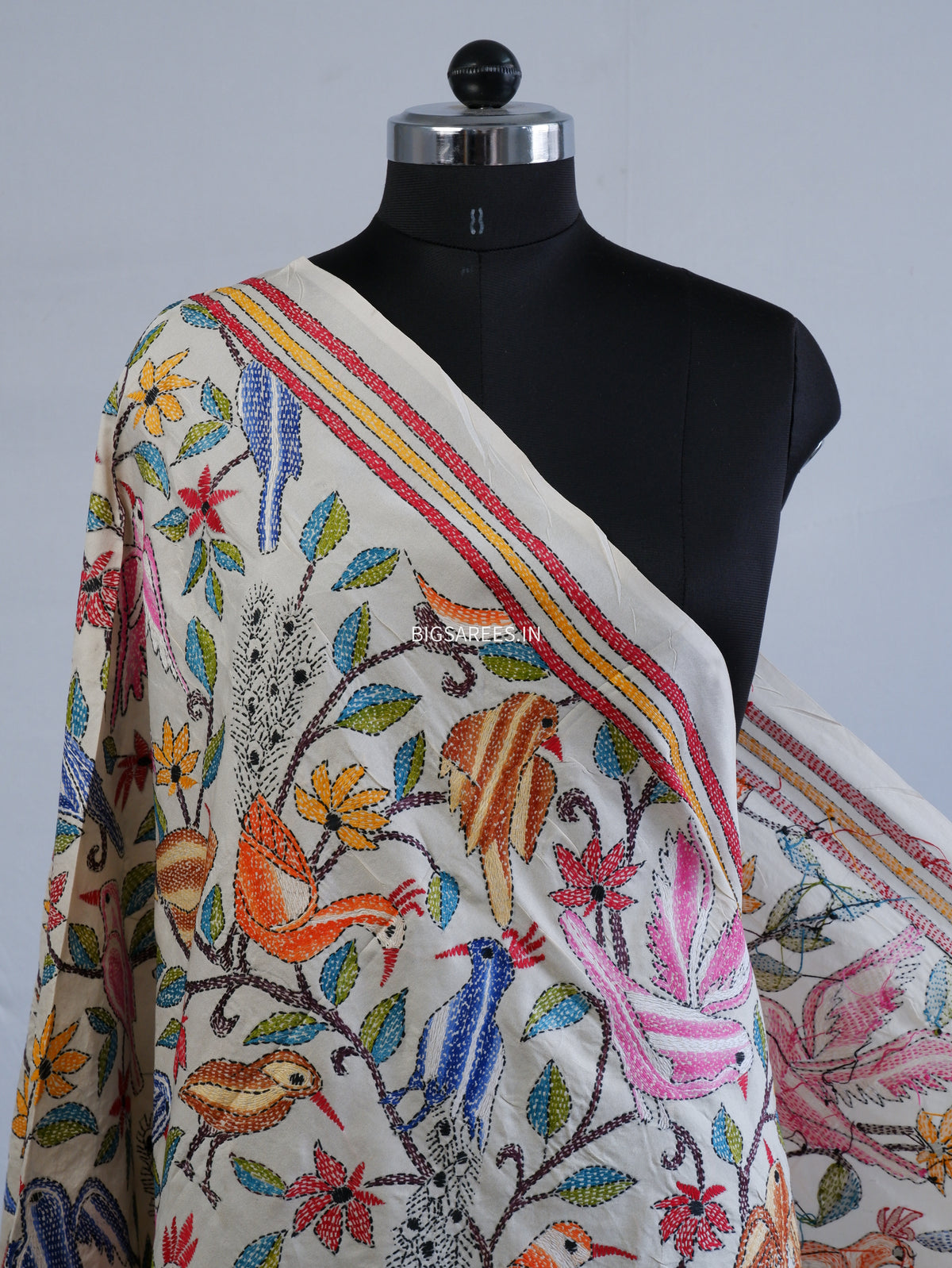 Kantha Hand-Embroidered Dupatta | Semi Tussar Silk | Full Work | Off-White