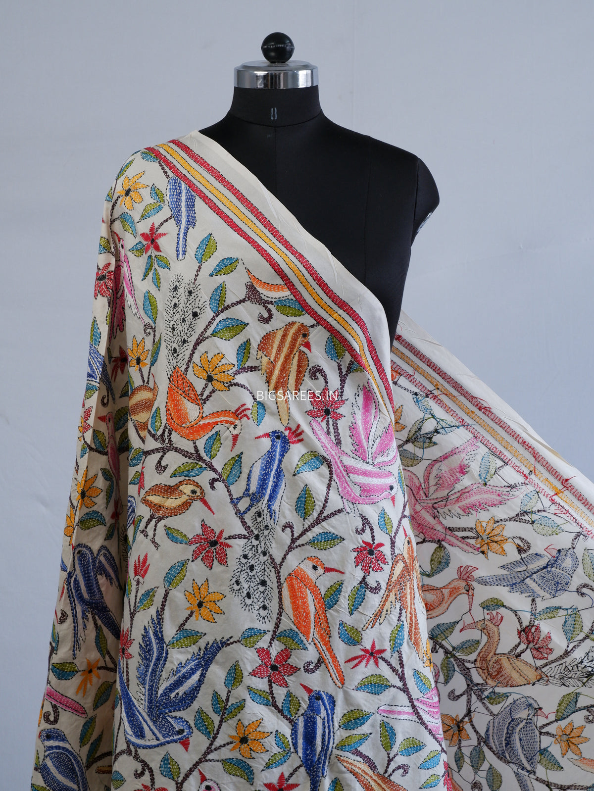Kantha Hand-Embroidered Dupatta | Semi Tussar Silk | Full Work | Off-White