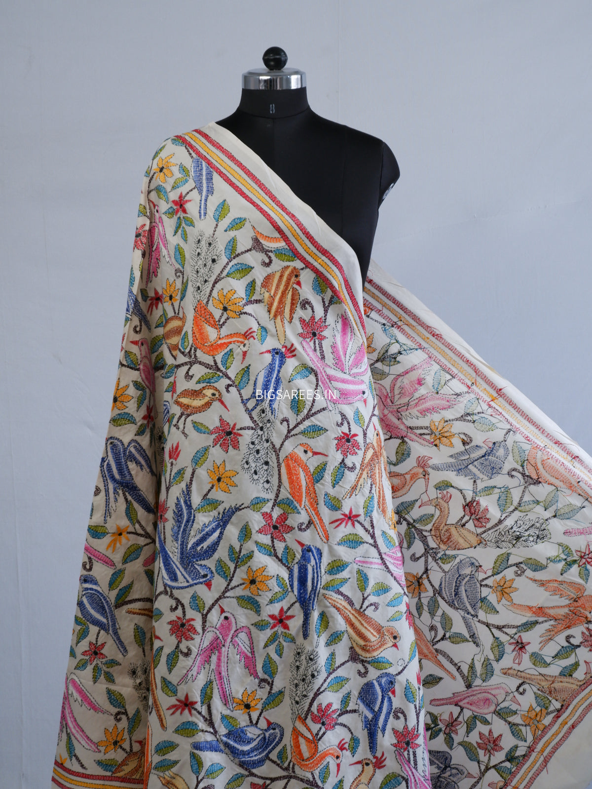 Kantha Hand-Embroidered Dupatta | Semi Tussar Silk | Full Work | Off-White