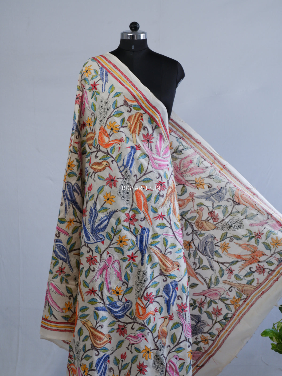 Kantha Hand-Embroidered Dupatta | Semi Tussar Silk | Full Work | Off-White