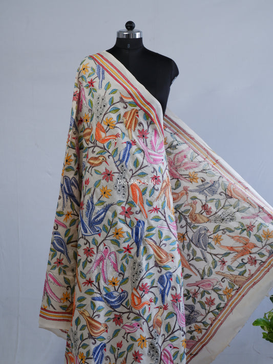Kantha Hand-Embroidered Dupatta | Semi Tussar Silk | Full Work | Off-White