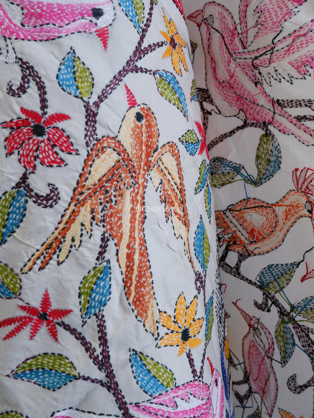 Kantha Hand-Embroidered Dupatta | Semi Tussar Silk | Full Work | Off-White