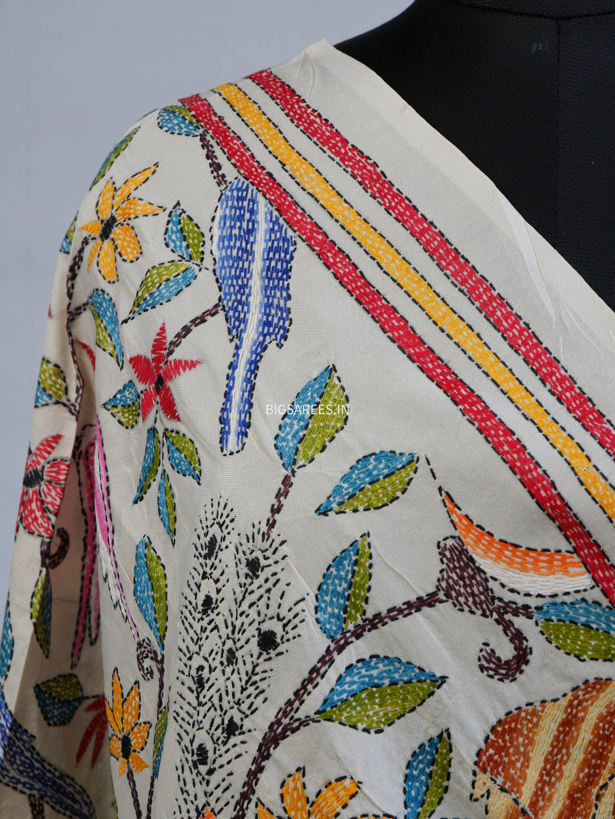 Kantha Hand-Embroidered Dupatta | Semi Tussar Silk | Full Work | Off-White