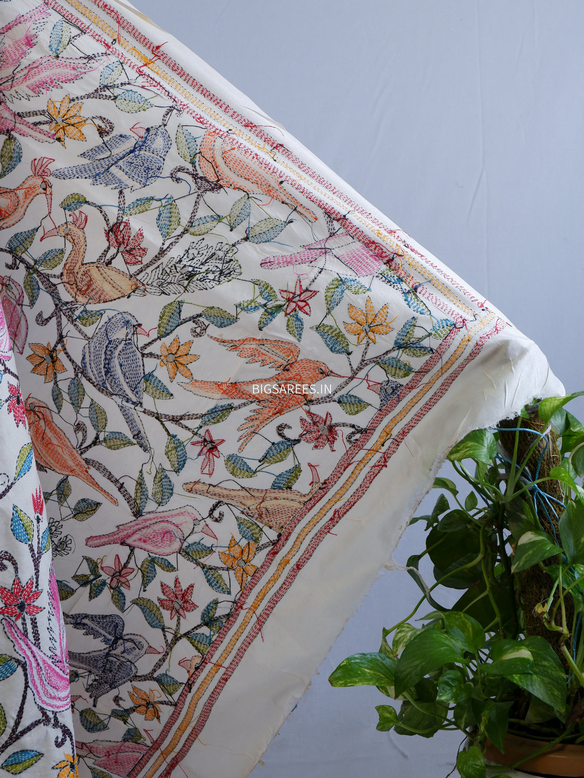 Kantha Hand-Embroidered Dupatta | Semi Tussar Silk | Full Work | Off-White