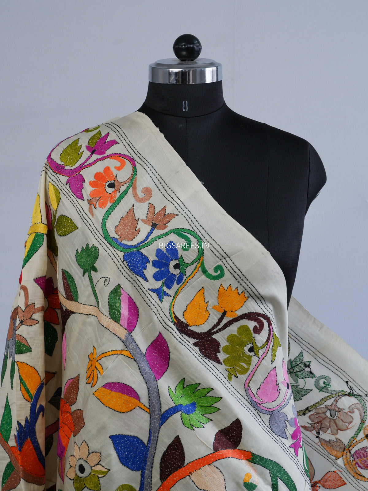 Kantha Hand-Embroidered Dupatta | Semi Tussar Silk | Full Work | Off-White