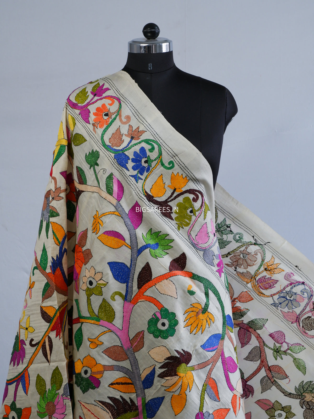 Kantha Hand-Embroidered Dupatta | Semi Tussar Silk | Full Work | Off-White
